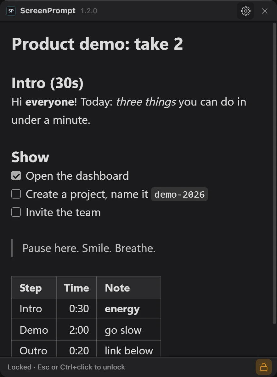 Locked mode, with the bottom bar saying how to unlock