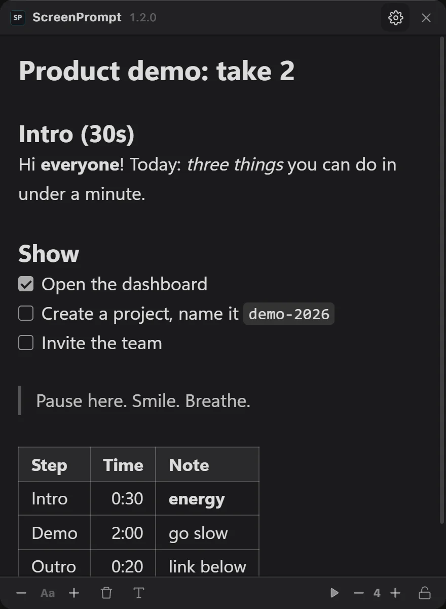 ScreenPrompt showing a formatted script with headings, tasks and a table