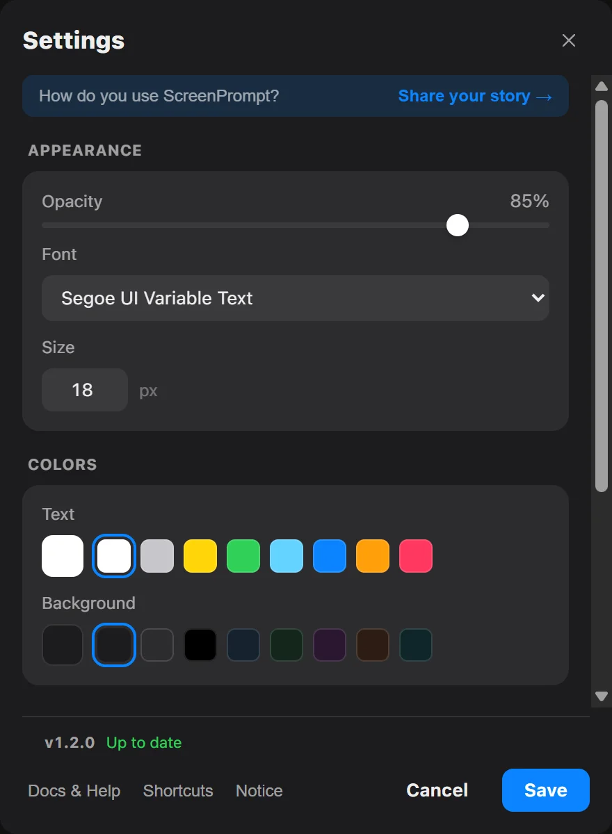 ScreenPrompt settings with opacity, font, size and colour choices