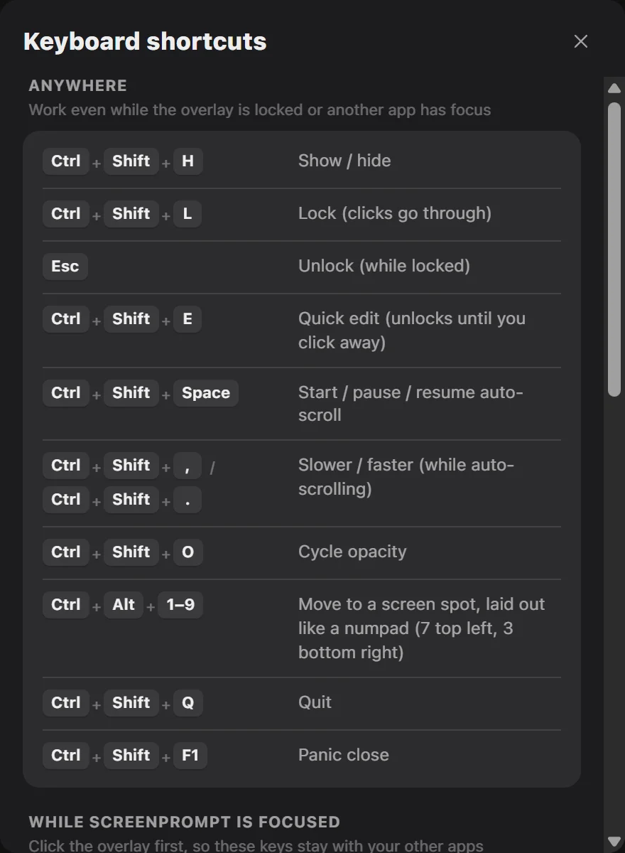 ScreenPrompt’s keyboard shortcut sheet