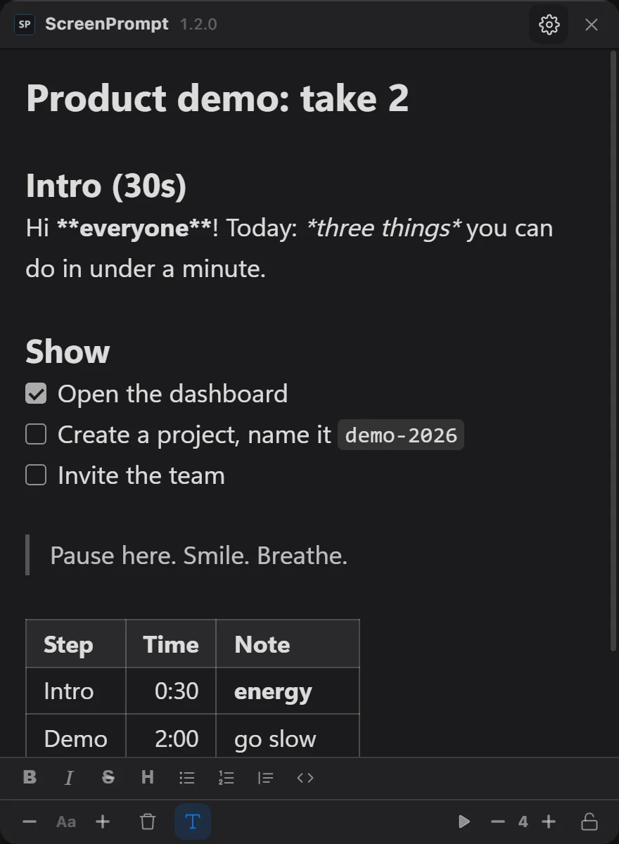 ScreenPrompt with the cursor on a line, showing its Markdown markers, and the formatting toolbar open